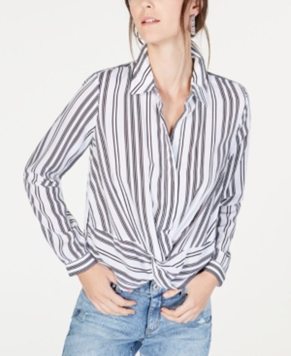 INC Twist Front Button Up Shirt Striped White Black Womens Small